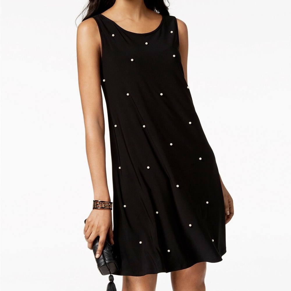 MSK women black imitation pearl shift dress